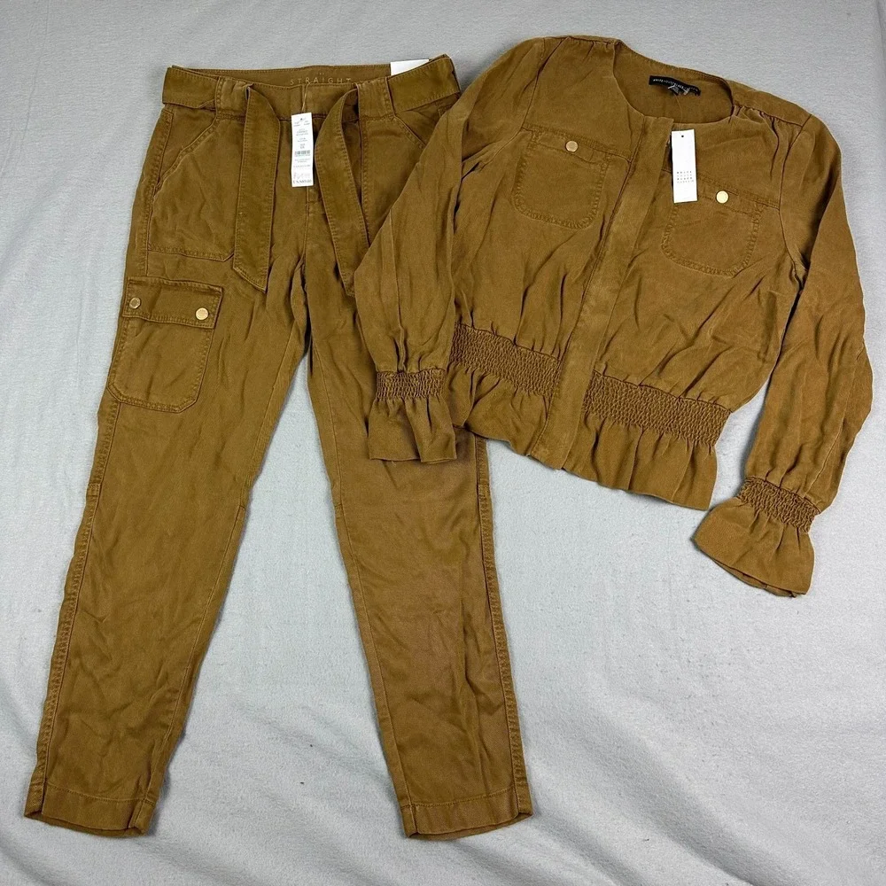 White House Black Market Brown tracksuit Jacket S cargo Pants 0 Stretch Set NEW - Picture 2 of 16